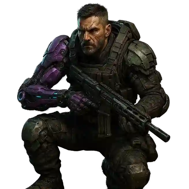 Battle-worn soldier with a cybernetic arm crouching and holding a rifle