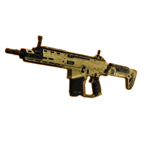 A polished, rippled-metal gun skin with a flowing golden Damascus-steel pattern.