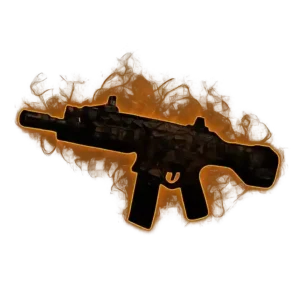 A stylized black submachine gun silhouette outlined in glowing shattered‑gold patterns.