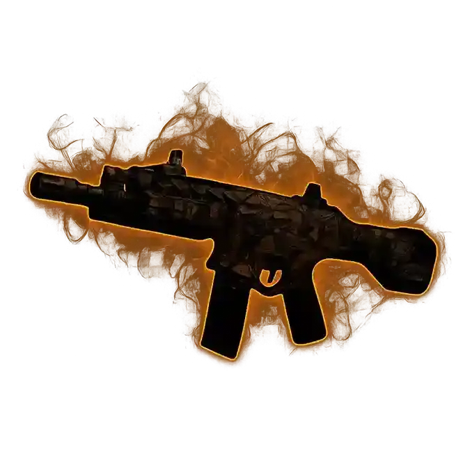A stylized black submachine gun silhouette outlined in glowing shattered‑gold patterns.