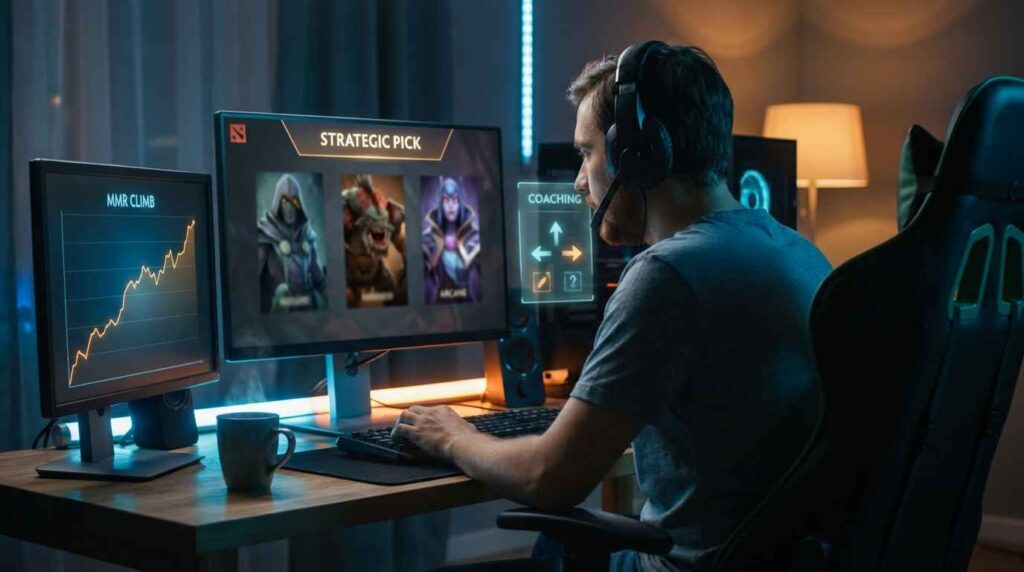 Player at PC with MMR graph climbing on second monitor