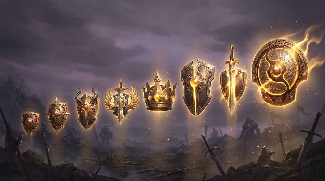 All 8 medals in dramatic order, dark fantasy background