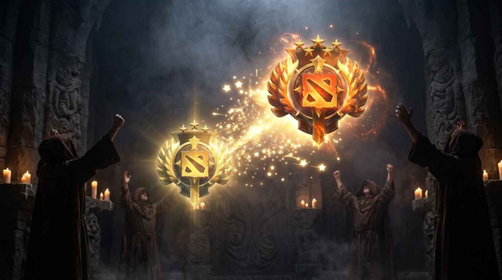 Legend→Ancient medal upgrade, golden light burst