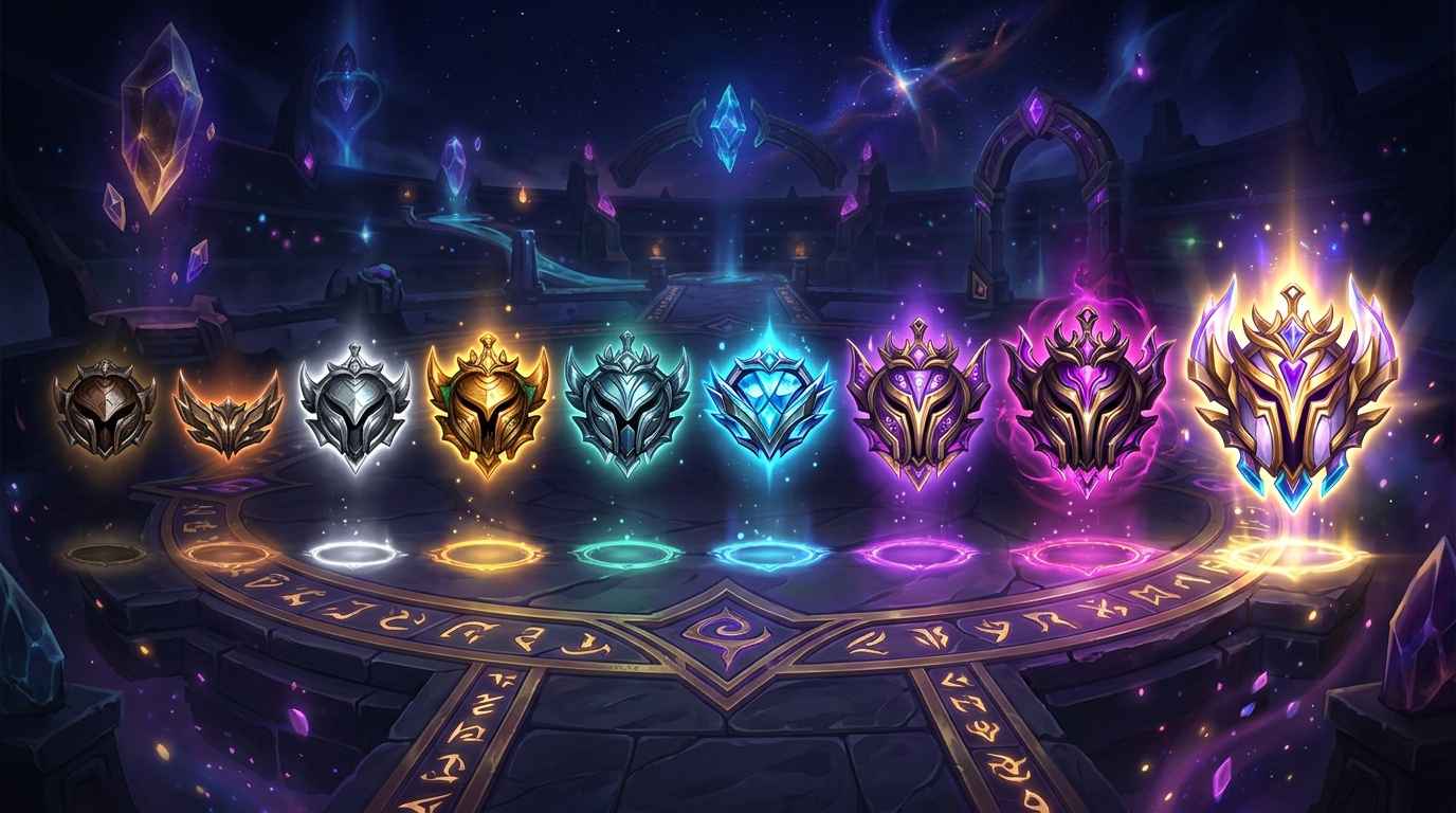 All rank badges Iron to Challenger in ascending glow