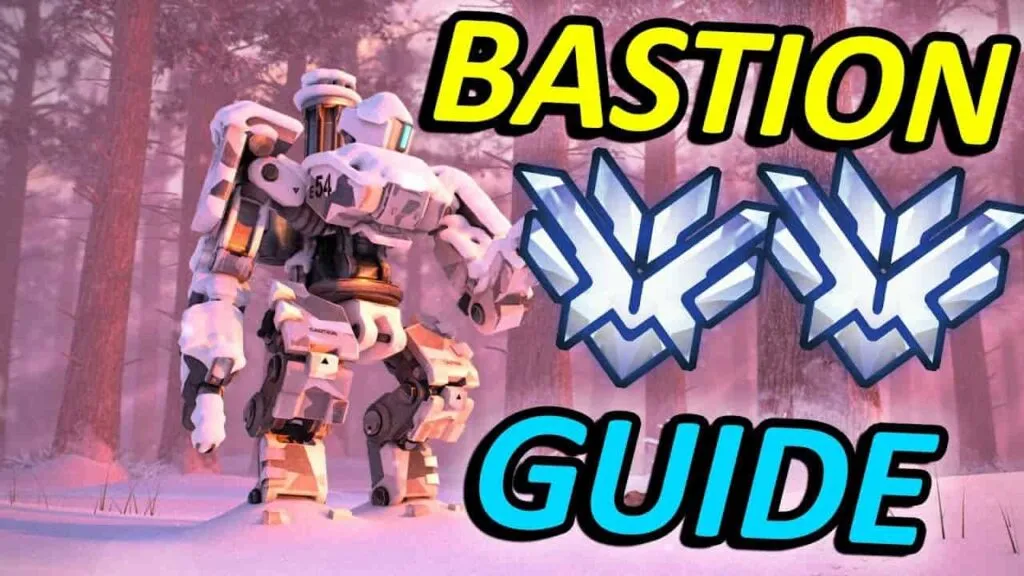 Overwatch 2 Bastion guide image with Bastion in a snowy forest.