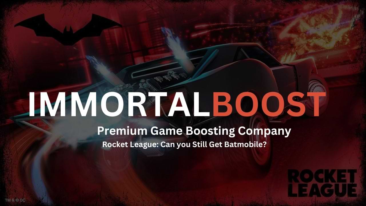 Immortalboost brand logo and Batmobile from Rocket league