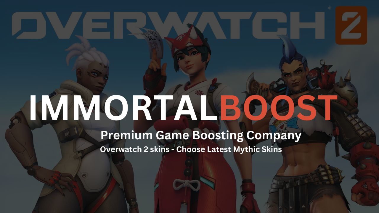 immortalboost brand logo and in background there are Overwatch 2 characters