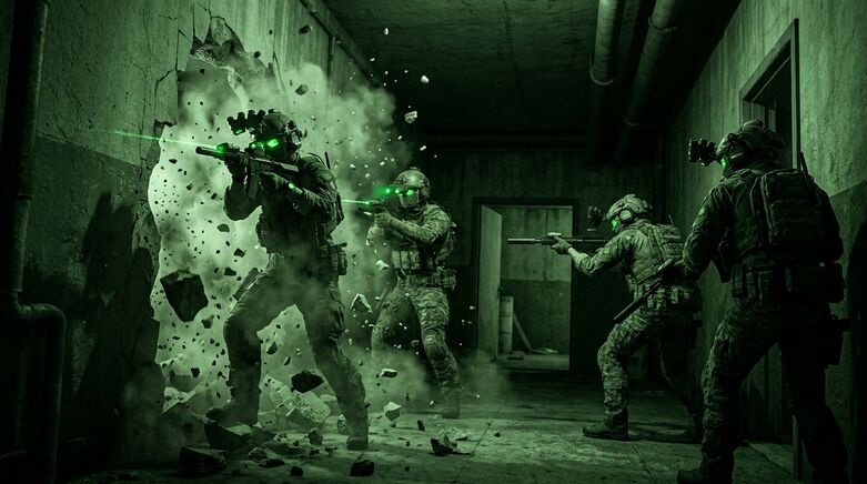 Operators breaching with tactical team positioning, cinematic