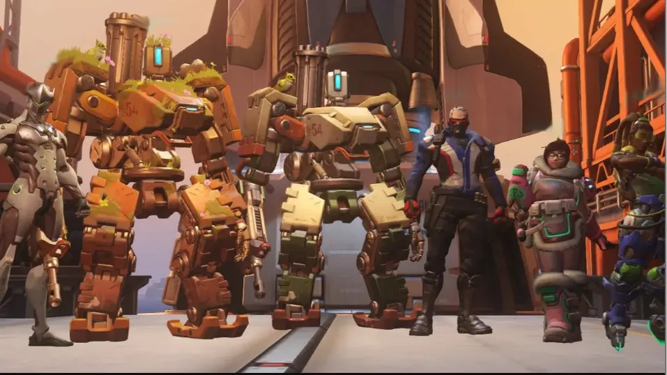 Overwatch 2 heroes standing with training robots during a 6v6 mode.