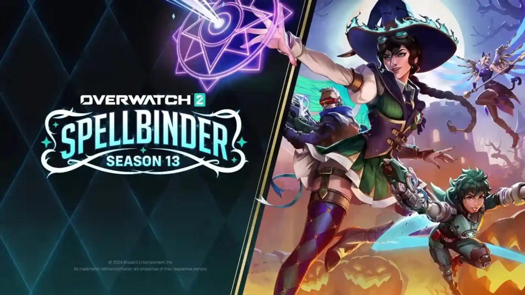 Overwatch 2 Spellbinder Season 13 key art featuring fantasy hero skins.