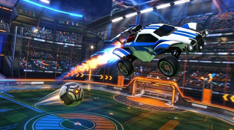 Octane in arena mid-jump with ball