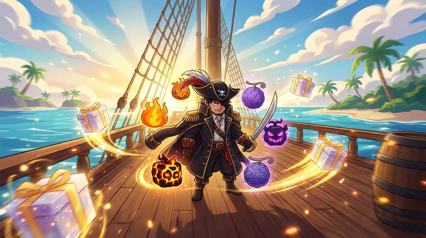 Pirate on ship with devil fruits and reward boxes, golden light