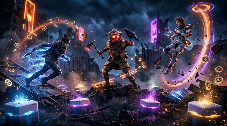 Apex Legends characters with reward boxes and floating coins