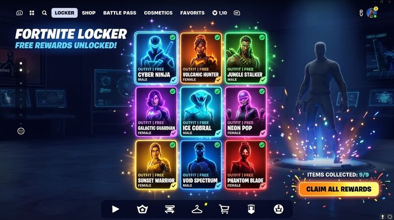 Fortnite free skins locker 2026 cosmetics earned without spending V-Bucks