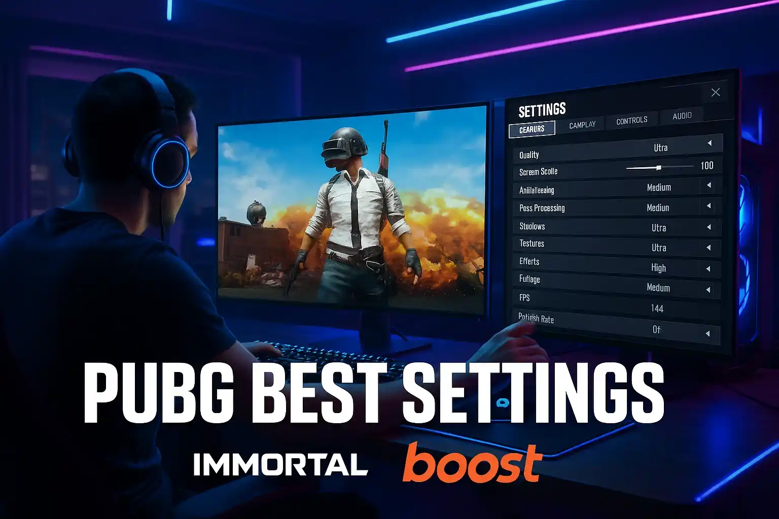 Futuristic PUBG 2025 gaming setup with pro player adjusting graphics and FPS settings, PUBG battleground background, neon lights, and Immortalboost branding.