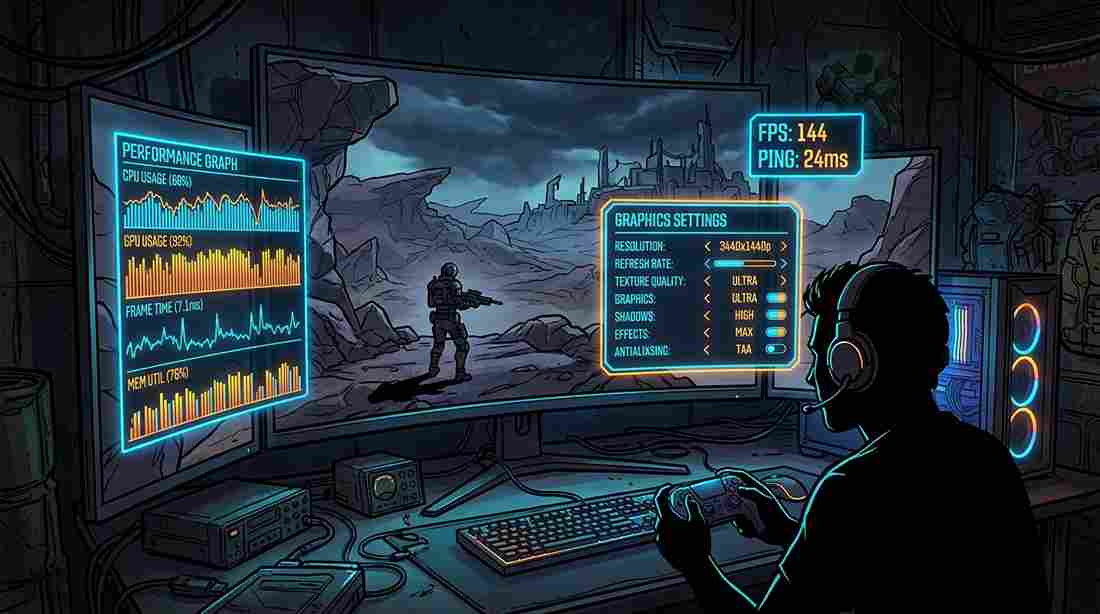 Cel-shaded futuristic settings menus and performance graphs over Borderlands 4 wasteland gameplay
