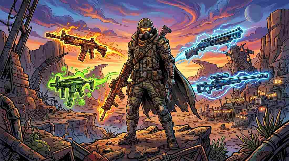 Cel-shaded vault hunter surrounded by glowing legendary guns in a Borderlands 4 desert wasteland