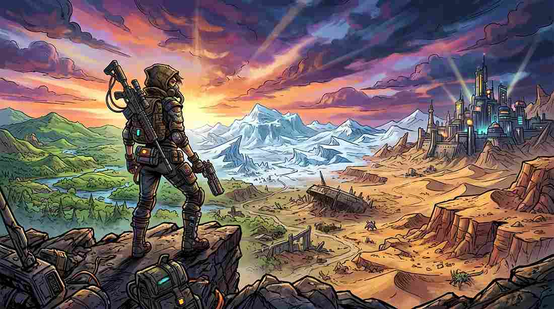 Cel-shaded vault hunter overlooking a vast Borderlands 4 open-world wasteland with varied terrain