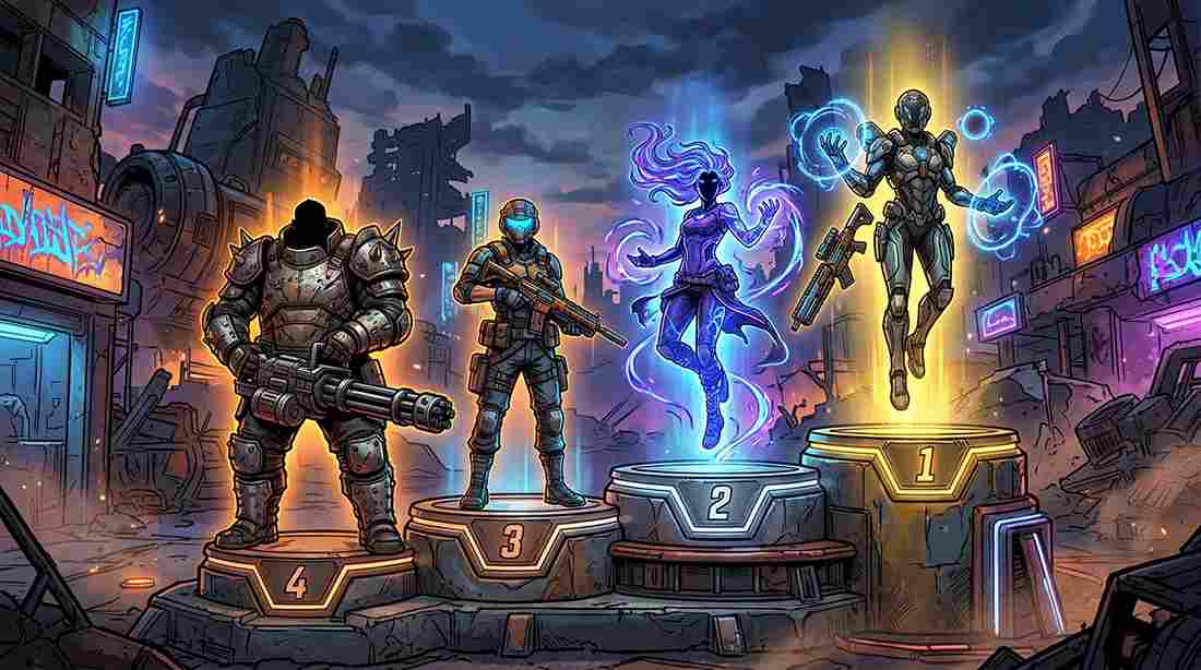 Four cel-shaded Borderlands 4 vault hunters ranked on a tier-list podium in a neon wasteland