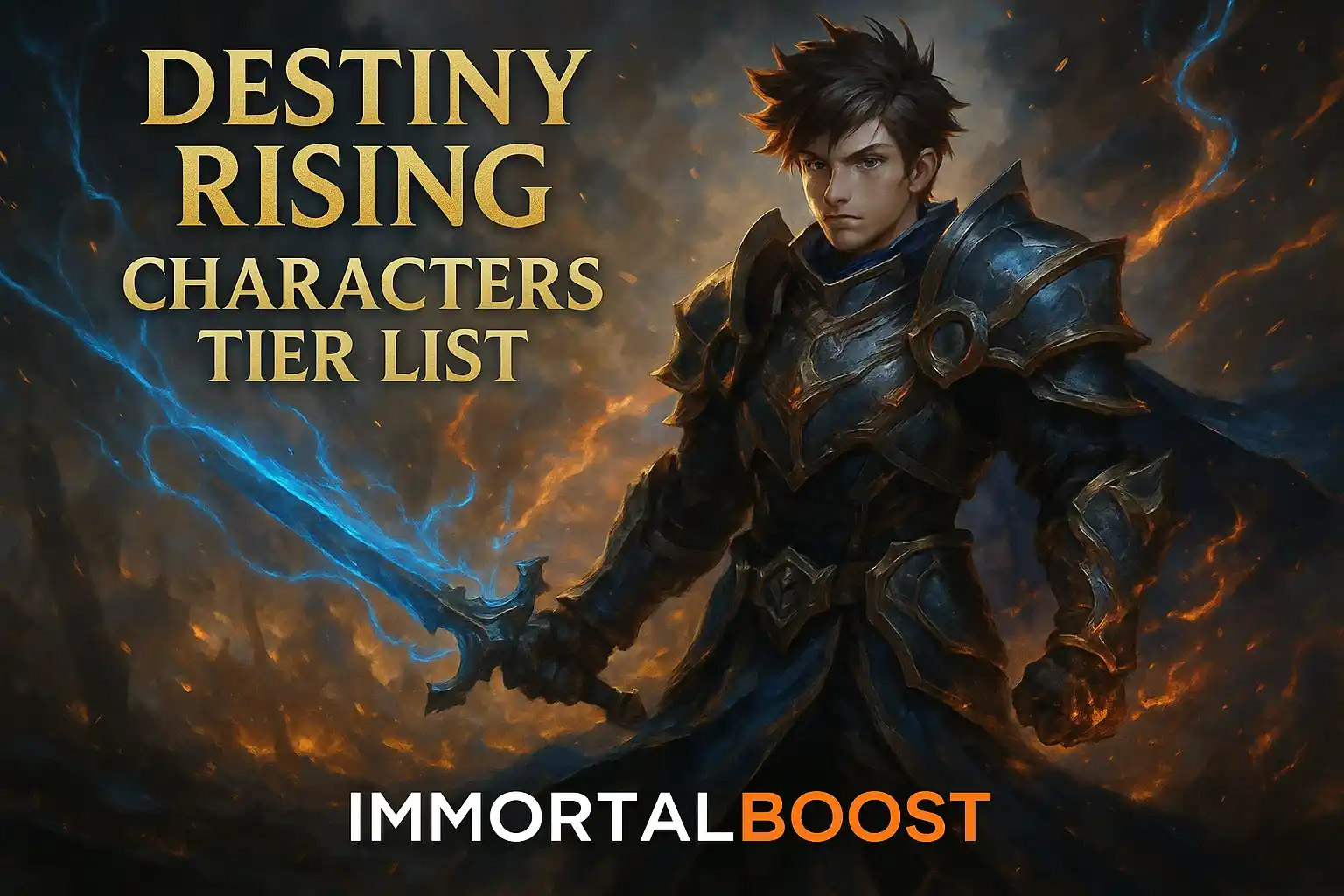 Sora from Destiny Rising standing in a glowing battlefield with magical effects, featuring the text “Destiny Rising Characters Tier List” and IMMORTALBOOST branding