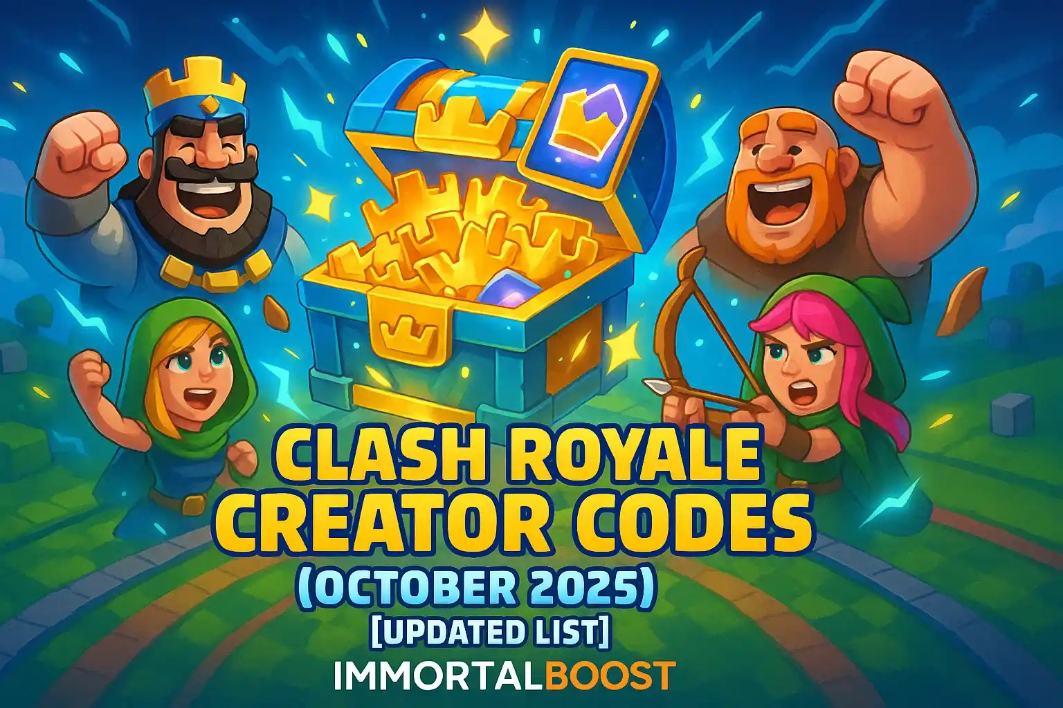 Clash Royale battlefield artwork with a glowing treasure chest full of crowns and cards, surrounded by the King, Archer, and Giant, featuring the text “Clash Royale Creator Codes – October 2025 [Updated List]” and IMMORTALBOOST branding