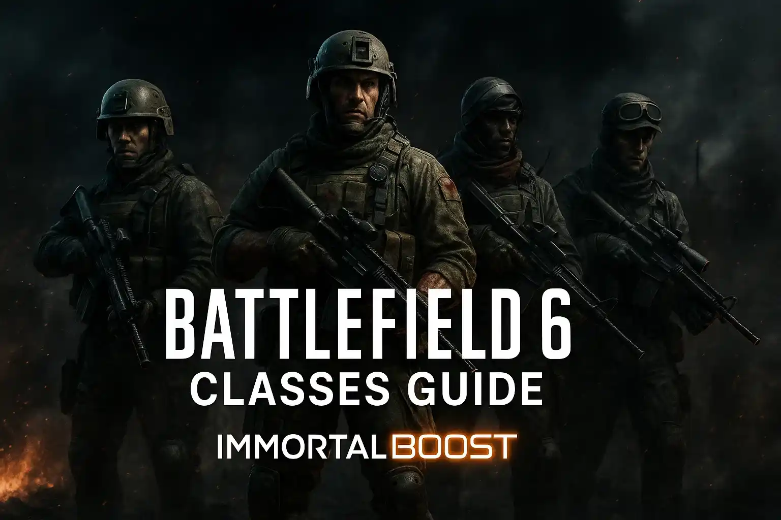 Battlefield 6 classes guide feature image showing assault, medic, engineer, and recon soldiers in action with IMMORTALBOOST branding.