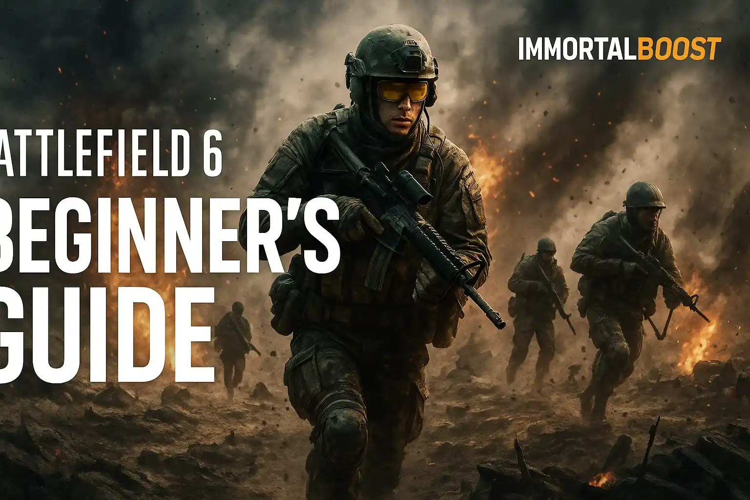 Battlefield 6 beginner’s guide feature image with soldiers entering battle, showcasing IMMORTALBOOST branding.