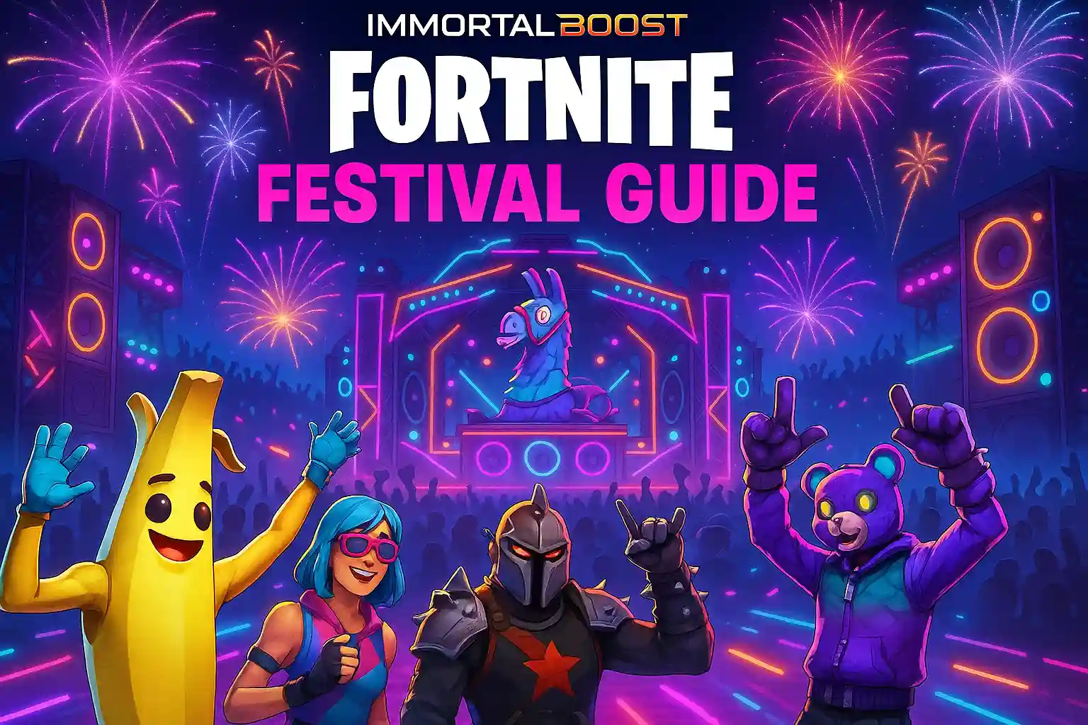 “Fortnite Festival guide feature image with neon stage, characters dancing, fireworks, and IMMORTALBOOST branding.”