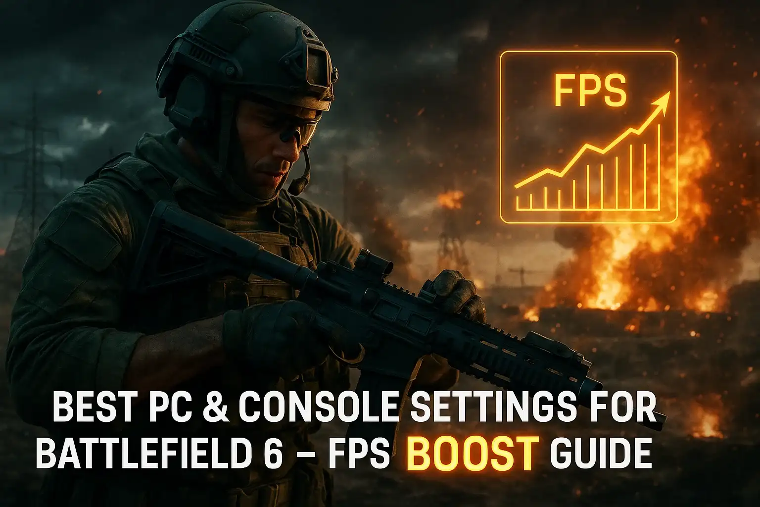 “Battlefield 6 soldier with glowing HUD and FPS boost overlay, showcasing optimized PC and console settings.”