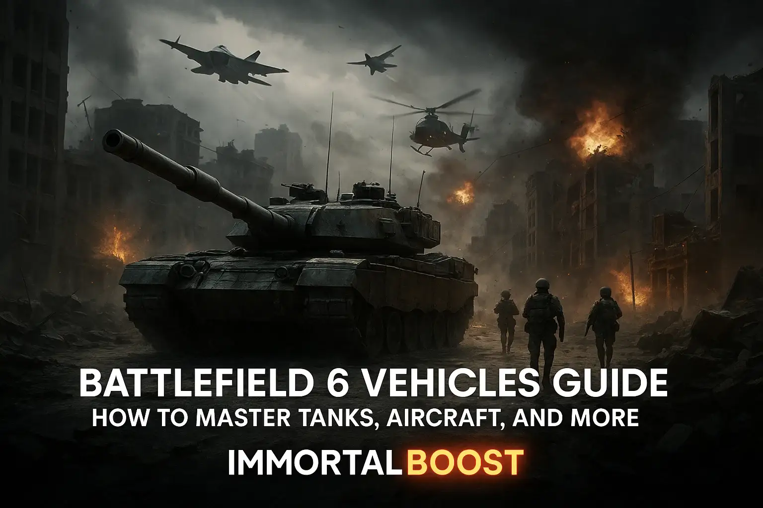 “Battlefield 6 Vehicles Guide featuring tanks, aircraft, and helicopters in combat – FPS war action scene with Battlefield 6 logo overlay”