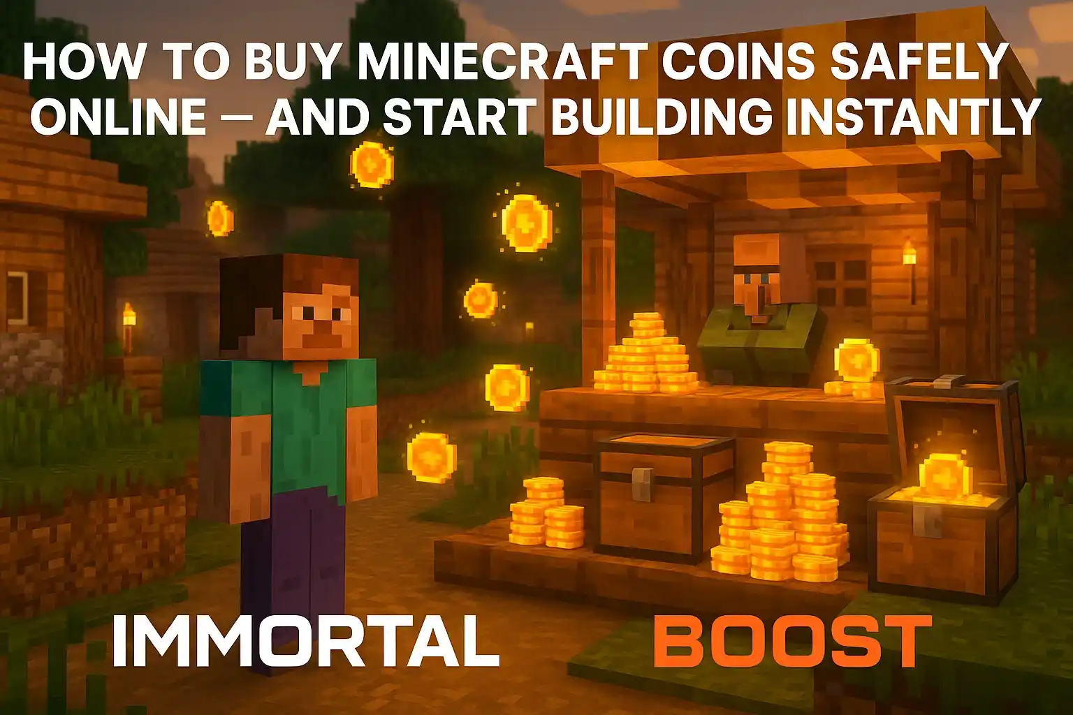 Minecraft marketplace scene with glowing coins and chests, symbolizing safe online coin purchases. Text reads “How to Buy Minecraft Coins Safely Online — and Start Building Instantly” with IMMORTALBOOST branding in white and orange.