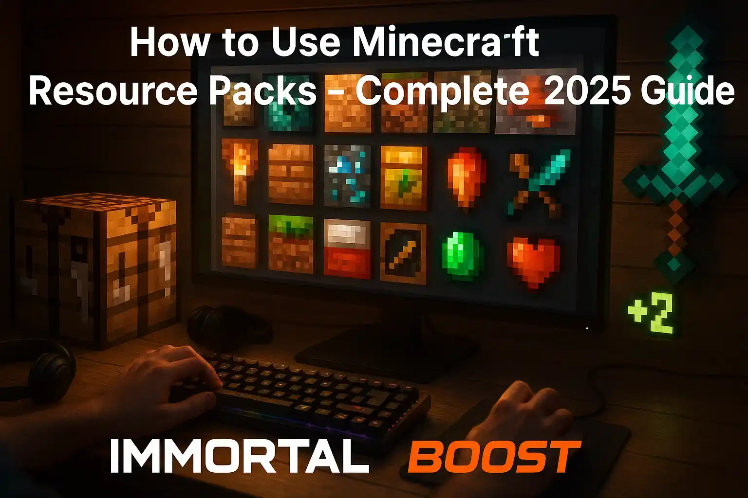 Realistic 3D Minecraft scene showing a player using resource packs with glowing textures, crafting table, and enchanted items. Text reads “How to Use Minecraft Resource Packs – Complete 2025 Guide” with IMMORTALBOOST branding in white and orange.