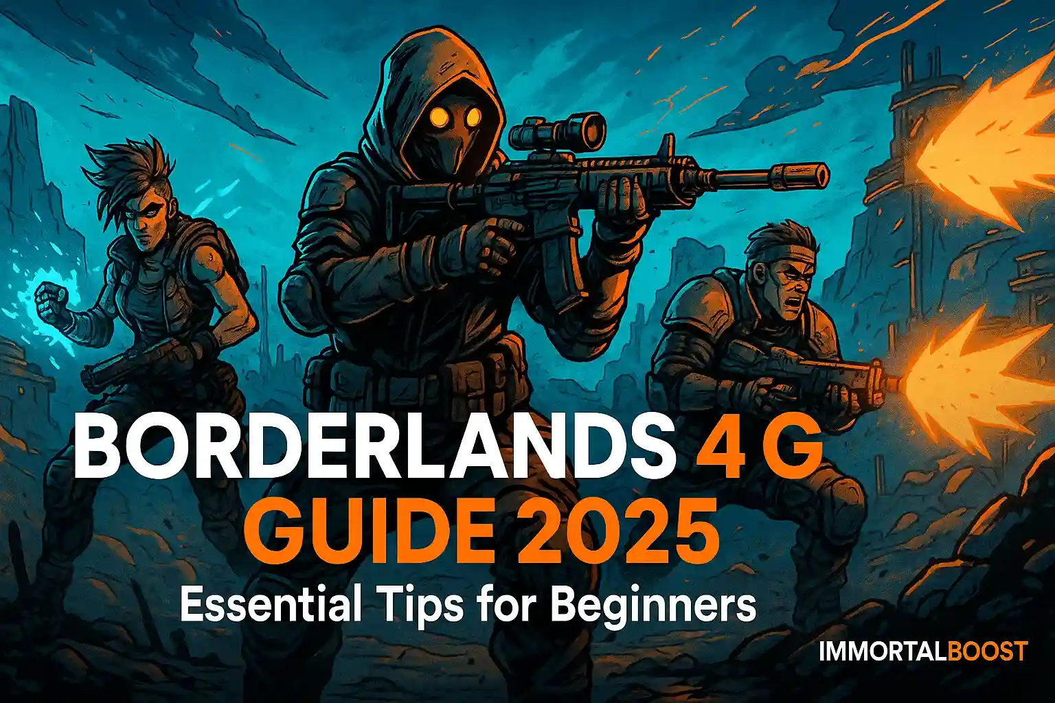 Borderlands 4 2025 beginner’s guide banner with vault hunters and neon desert background – centered title text – Immortalboost