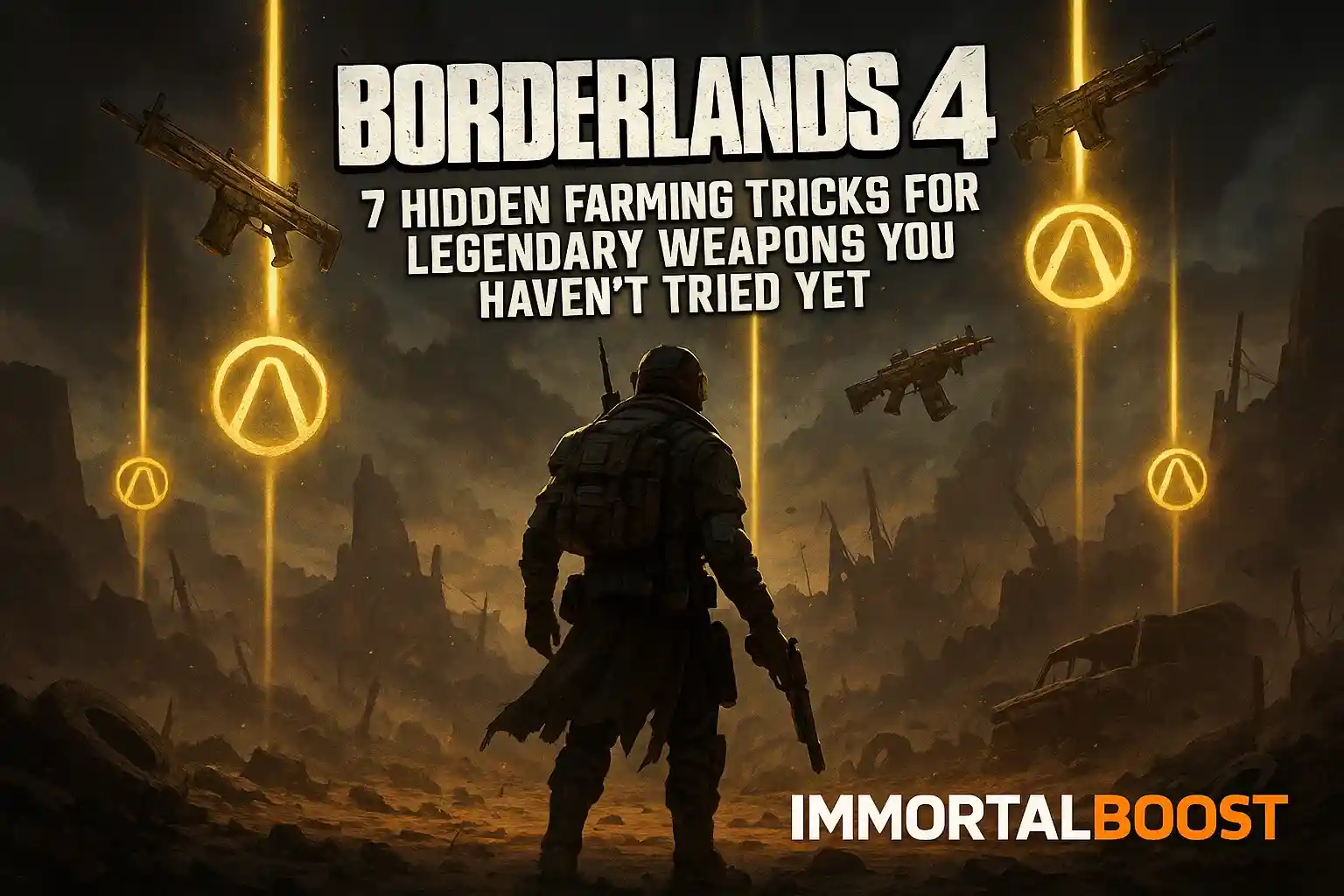 Cinematic Borderlands 4 scene showing a Vault Hunter surrounded by glowing legendary weapons and vault symbols in a desert battlefield, representing hidden farming tricks and fast loot grinding — feature image for IMMORTALBOOST’s Borderlands 4 legendary weapon farming guide.