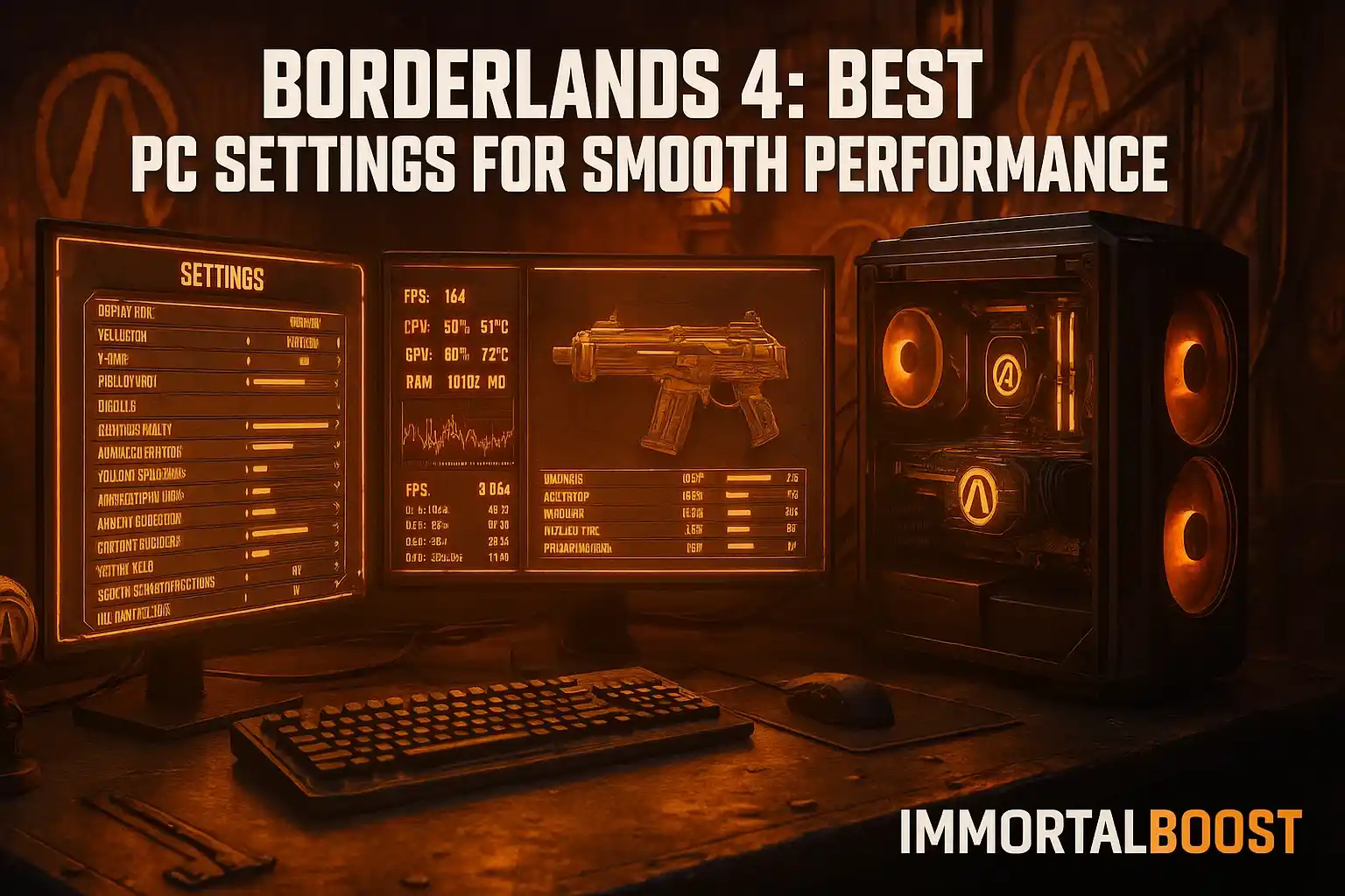 Borderlands 4 PC settings menu displayed on futuristic screens, showing optimized graphics and performance options for smoother gameplay, created for IMMORTALBOOST’s Borderlands 4 boosting and optimization guide.