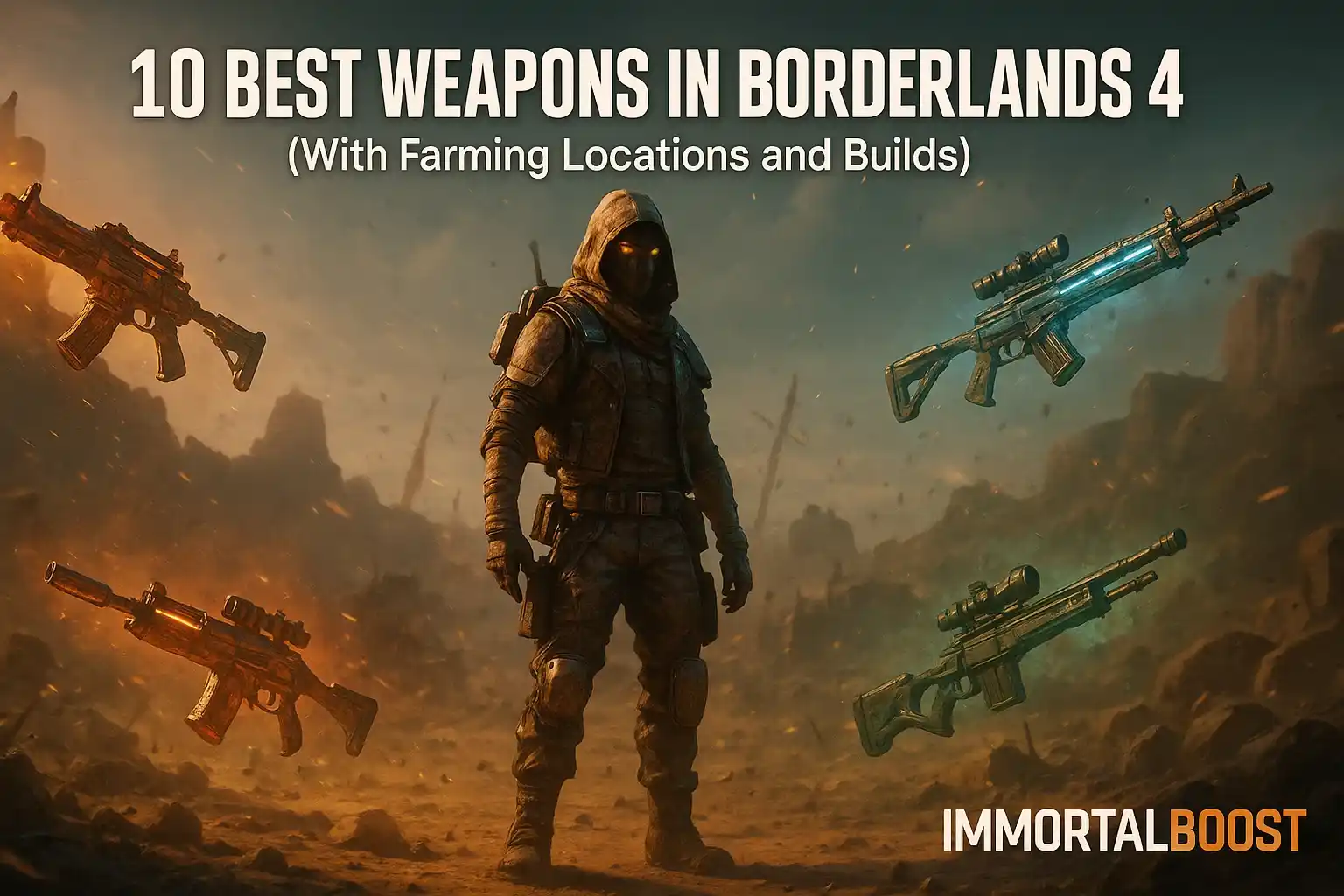 Borderlands 4 vault hunter surrounded by glowing legendary weapons in a desert wasteland, featuring Lucian’s Flank, Hellfire, Convergence, and Complex Root, created for IMMORTALBOOST’s Borderlands 4 weapons and farming guide.