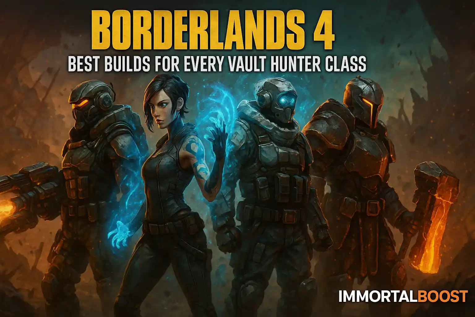 Four Borderlands 4 Vault Hunters showcasing their builds and elemental powers for IMMORTALBOOST’s Borderlands 4 best builds guide.