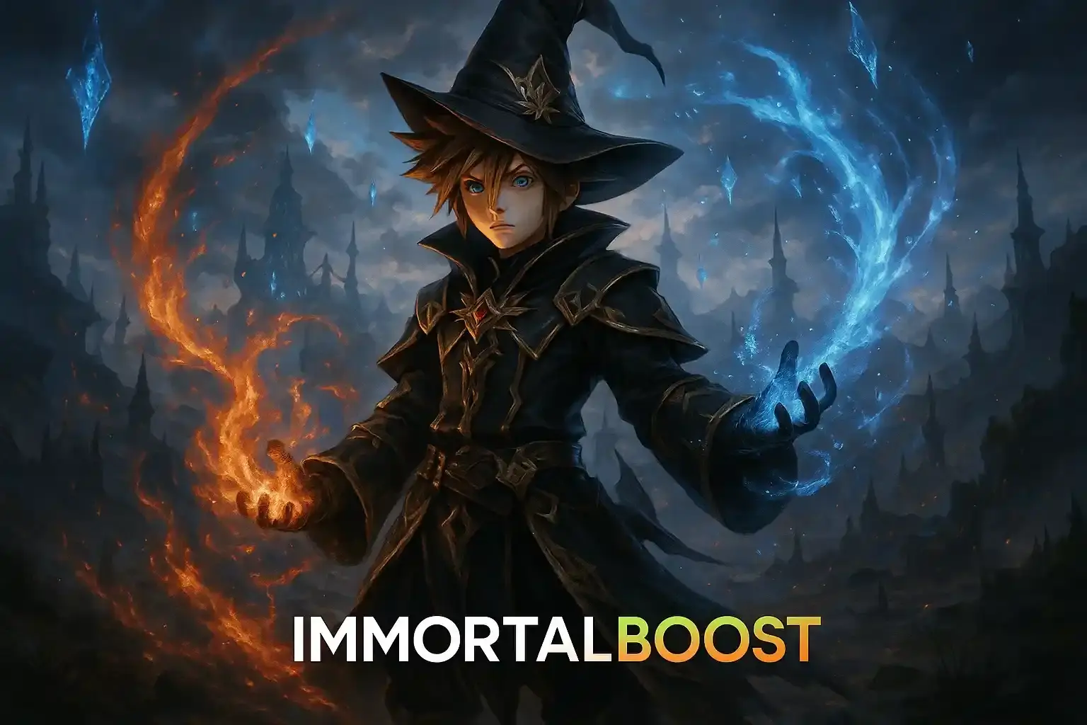 Sora as a Black Mage casting powerful spells in Final Fantasy XIV with the Immortalboost logo in white and green/orange tones, representing the FF XIV Boosting guide.
