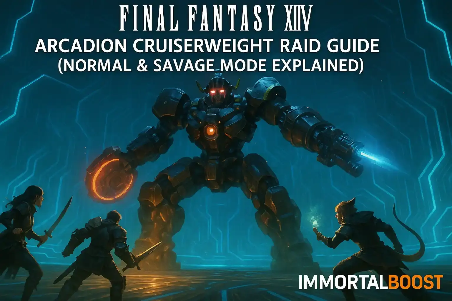 Final Fantasy XIV adventurers fighting the Arcadion Cruiserweight Raid boss in Dawntrail expansion, guide by IMMORTALBOOST