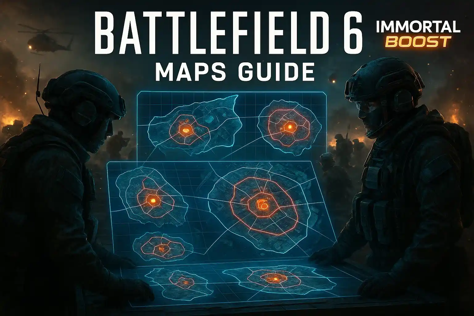 Battlefield 6 maps guide feature image showing tactical layouts, strategies, and soldiers in combat with IMMORTALBOOST branding.