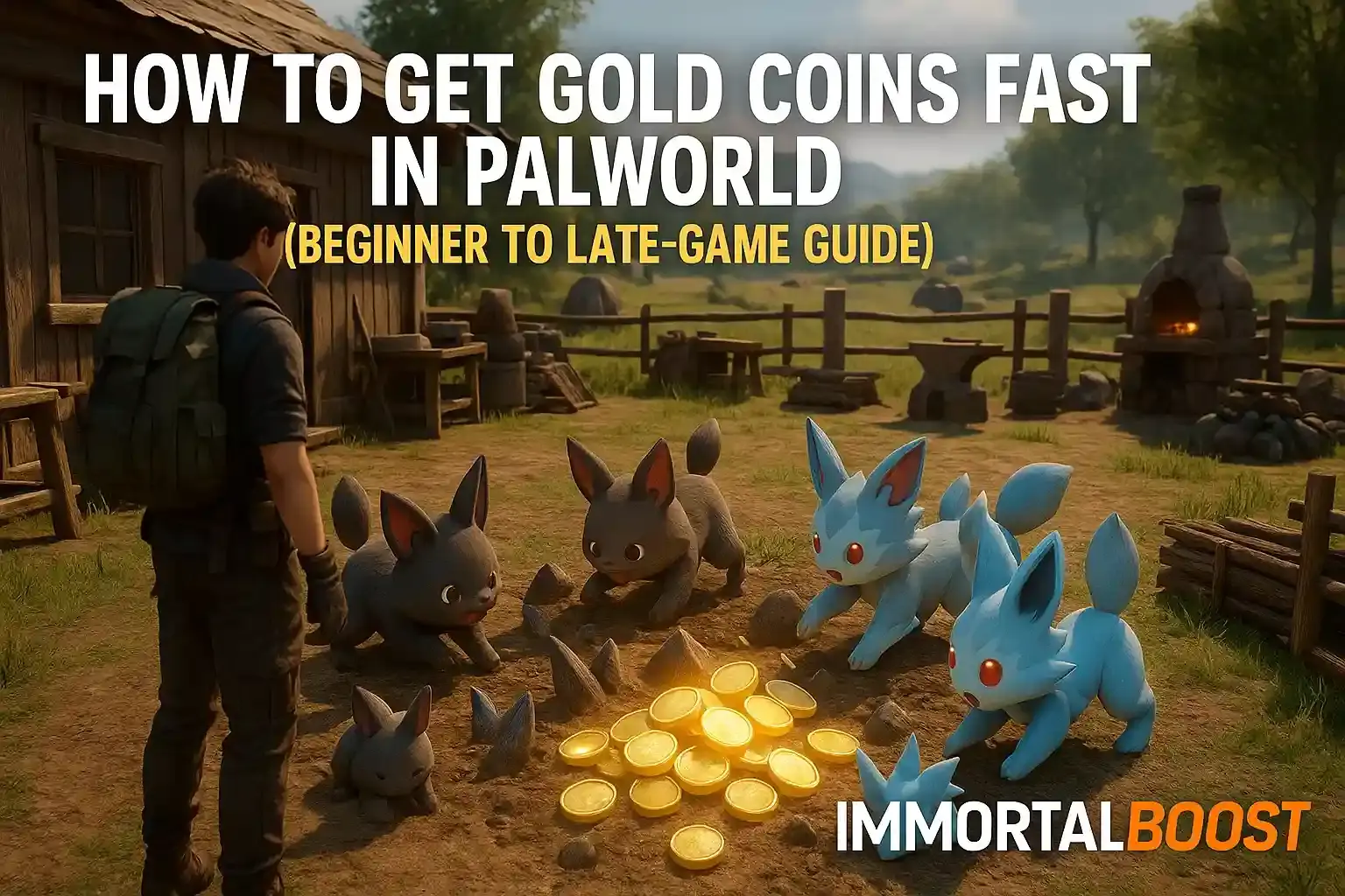 “Palworld ranch scene showing a player with Mau and Mau Cryst pals digging up gold coins beside a wooden base. Crafting stations, fences, and resource stacks create an early-game survival atmosphere. Title text and IMMORTALBOOST branding included