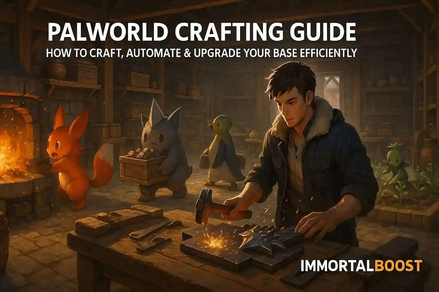 Cinematic Palworld crafting base with multiple Pals automating crafting and smelting. The player works at a high-quality workbench while fire and mining Pals operate furnaces and carry resources. Title and IMMORTALBOOST branding included.