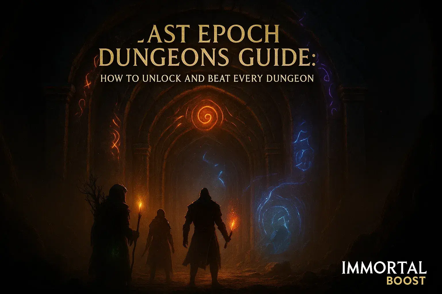 Epic cinematic 8K artwork of an ancient glowing dungeon entrance representing Lightless Arbor, Soulfire Bastion, and Temporal Sanctum from Last Epoch, with dramatic torchlight, arcane runes, and IMMORTALBOOST branding; titled ‘Last Epoch Dungeons Guide