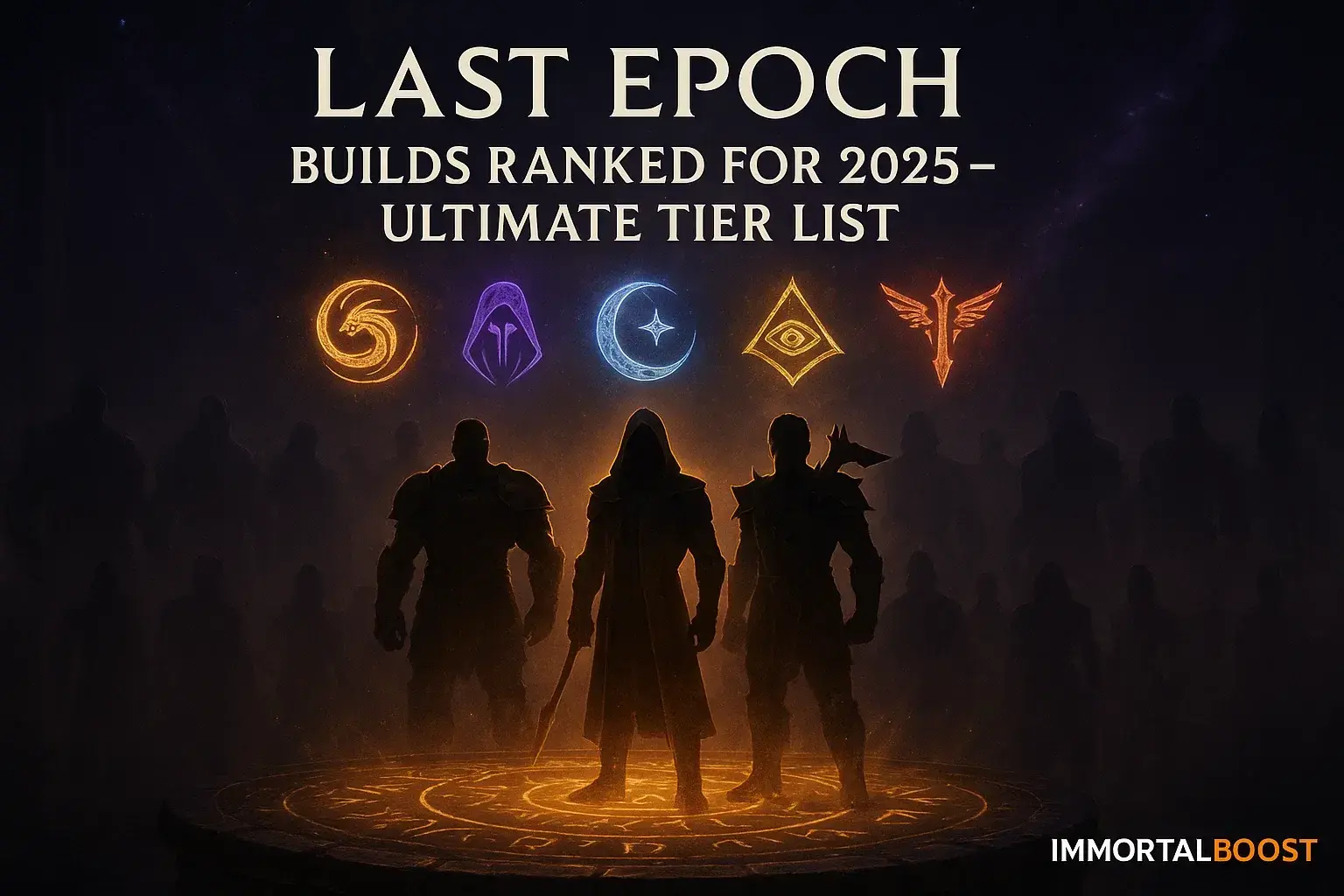 Cinematic key art showing tiered Last Epoch hero silhouettes surrounding a glowing arcane war-table with floating runes, titled ‘Last Epoch Best Builds — 2025 Meta Tier List,’ with IMMORTALBOOST branding