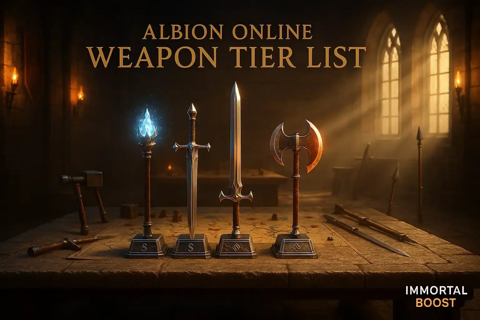 8K cinematic artwork of Albion Online weapon tier table in a medieval guild hall with ranked weapons displayed under golden light, IMMORTALBOOST logo included.