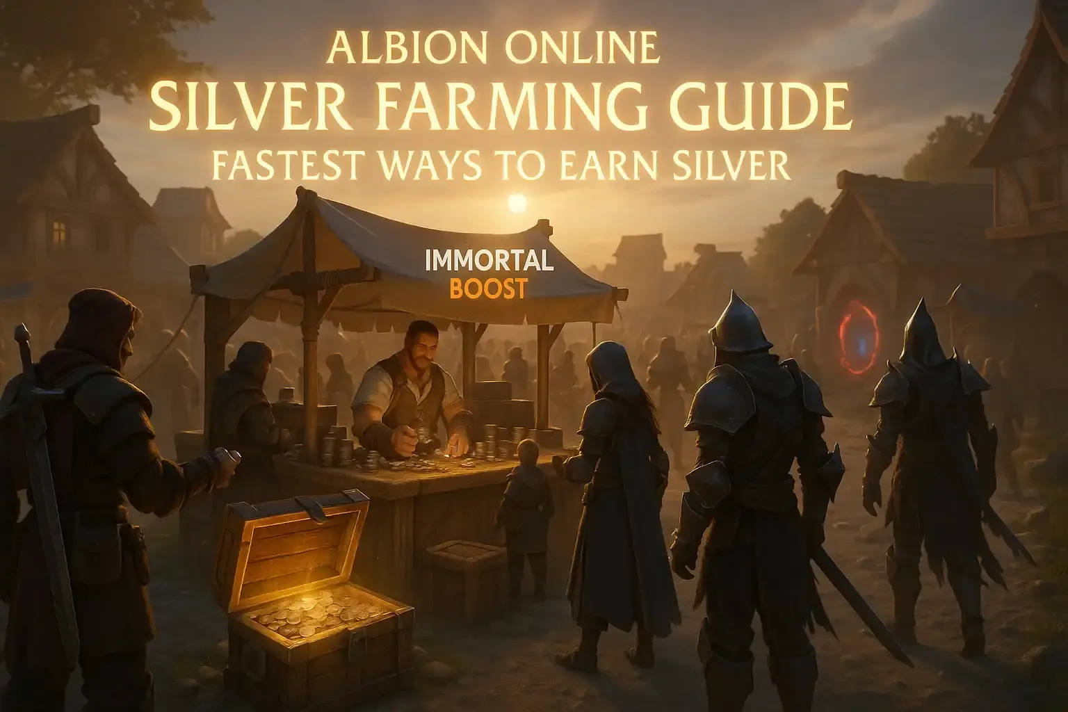 Cinematic 3D 8K artwork of Albion Online island marketplace with glowing silver loot and dungeon portals, featuring the title “Albion Online Silver Farming Guide: Fastest Ways to Earn Silver in 2025” and IMMORTALBOOST branding in white and gold.