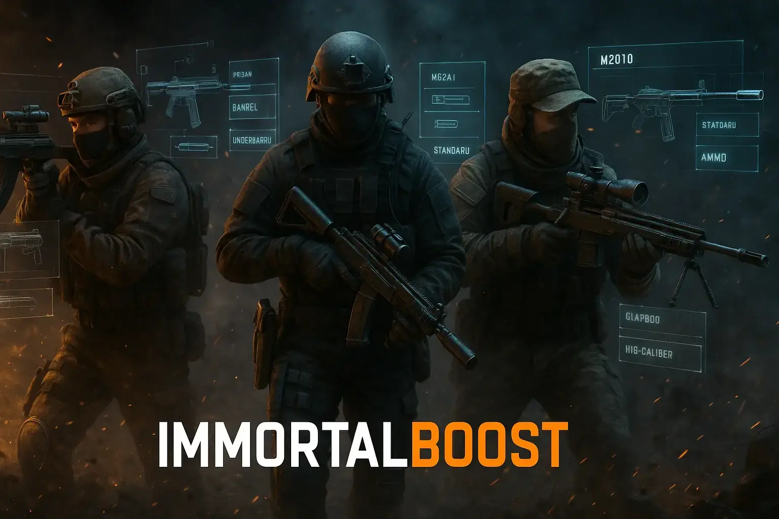 Battlefield 6 loadout artwork showing long-range AK-205, SGX SMG close-range build, and M2010 ESR sniper setup with holographic attachments by IMMORTALBOOST.