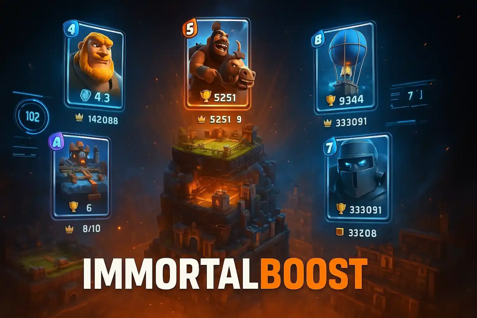 Epic cinematic Clash Royale arena progression artwork with top decks and holographic troops, created for IMMORTALBOOST.