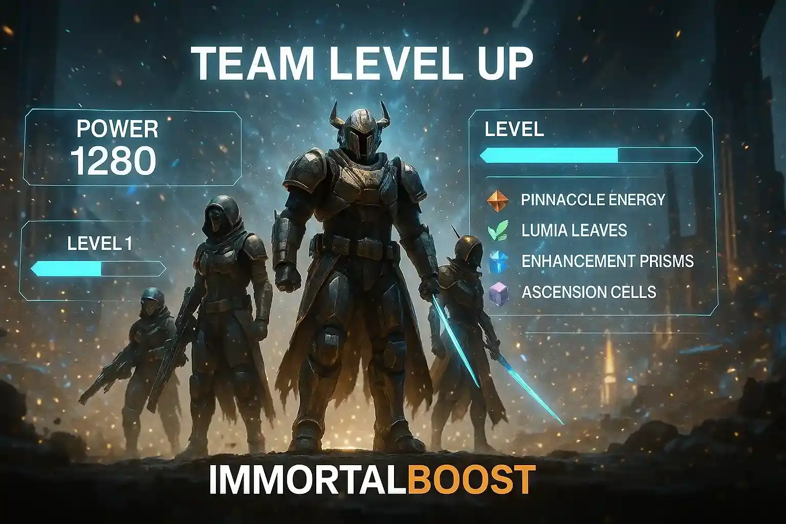 Destiny Rising leveling system artwork showing Team Level progression, Power Level stats, upgrade materials, and heroes upgrading together in IMMORTALBOOST style.