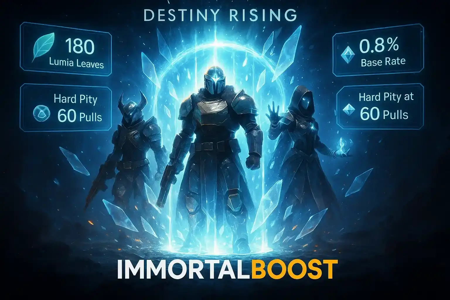 Destiny Rising gacha portal artwork with Lumia Leaves, pull rates, pity system indicators, and featured hero banners in IMMORTALBOOST cinematic style.